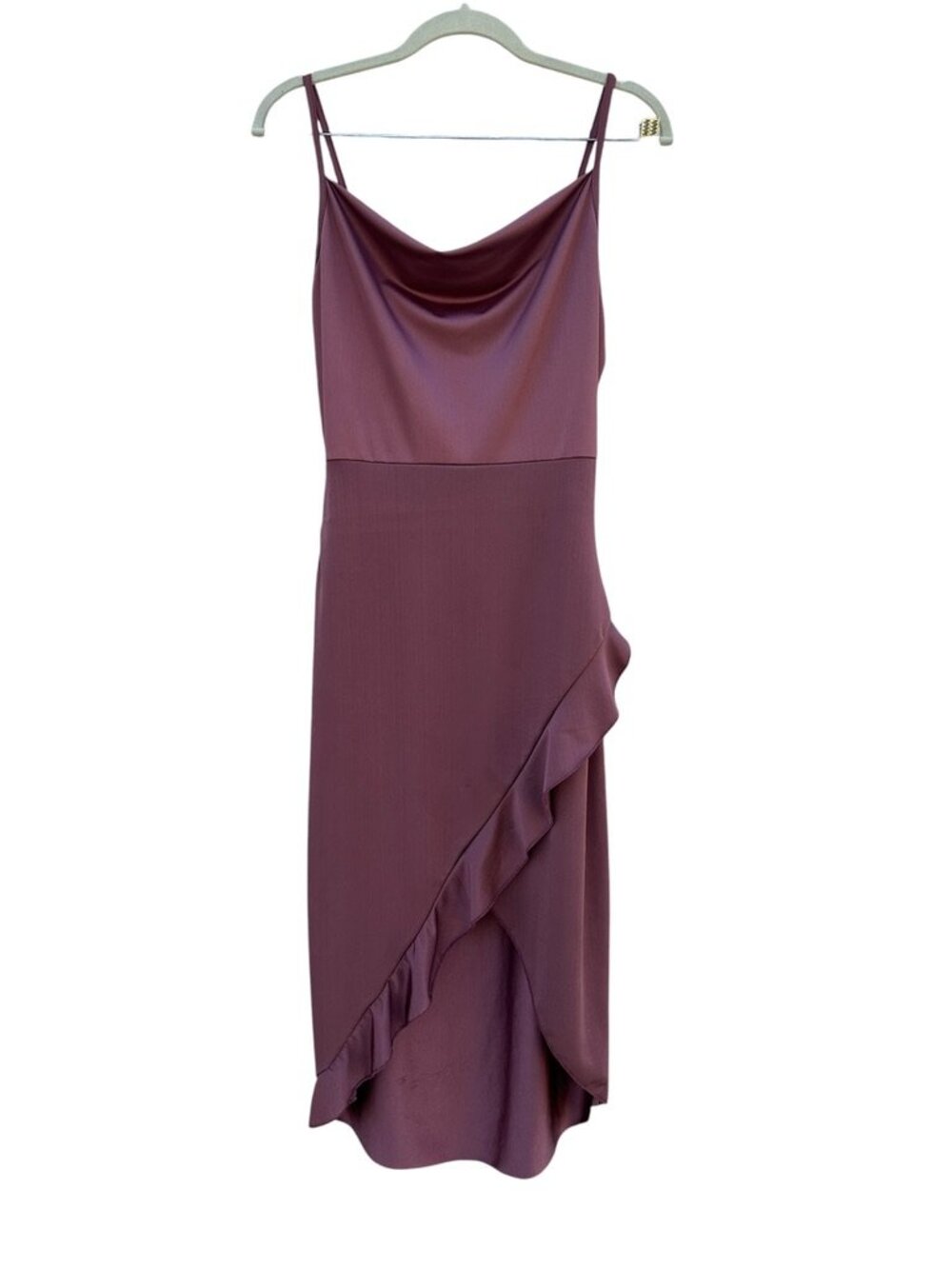 MRT 1030 Mauve Satin Cowl Neck Ruffle Asymmetric Slip Dress Size L (Fits Small)